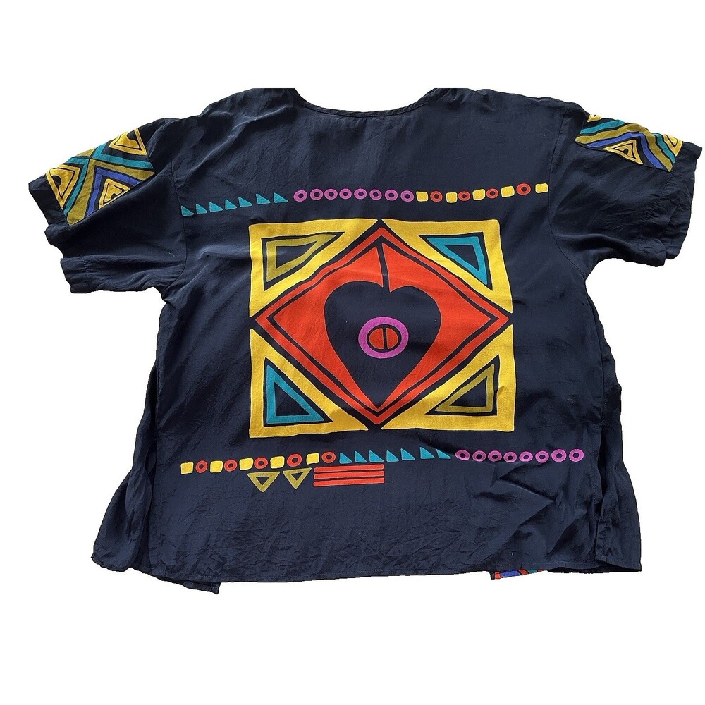Vtg Platinum Dorothy Schoelen Blouse M Art To Wear Geometric Tribal Black Shirt
